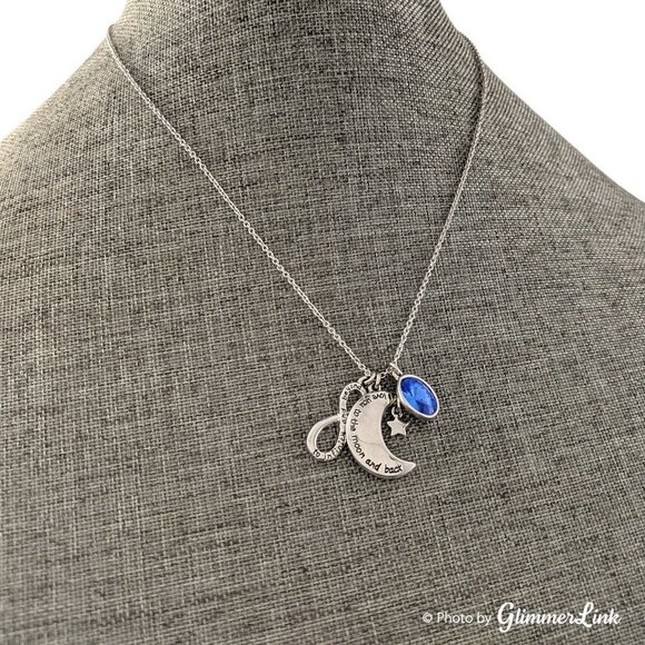 Silver Tone Crescent Moon Infinity & Blue Rhinestone Charms Necklace - Picture 2 of 6
